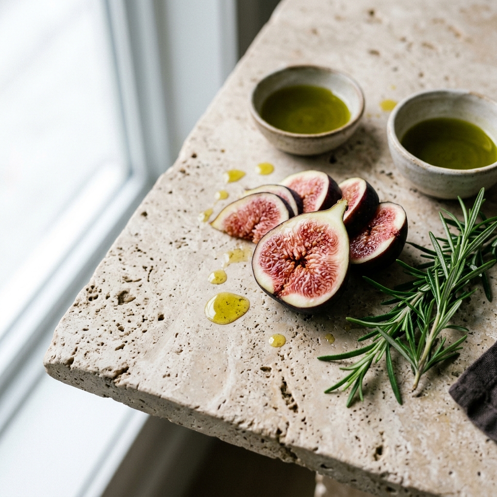 Ingredientes naturais e orgânicos dispostos artisticamente sob luz suave