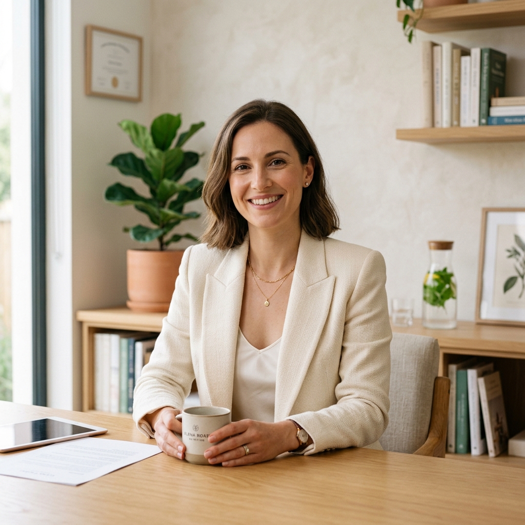 Dra. Helena Vasconcellos sorrindo em seu consultório
